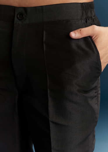 Black Corduroy Kurta Jacket Set For Men With Embroidery