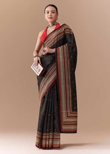 Black Cotton Linen Saree with Blouse Fabric
