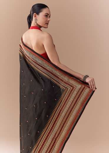 Black Cotton Linen Saree with Blouse Fabric