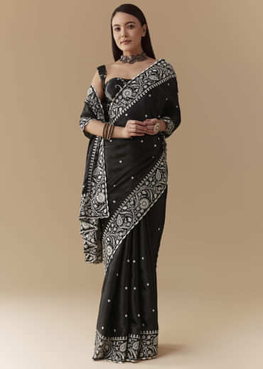 Black Cotton Satin Embellished Saree with Unstitched Blouse