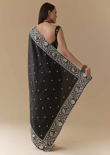 Black Cotton Satin Embellished Saree with Unstitched Blouse