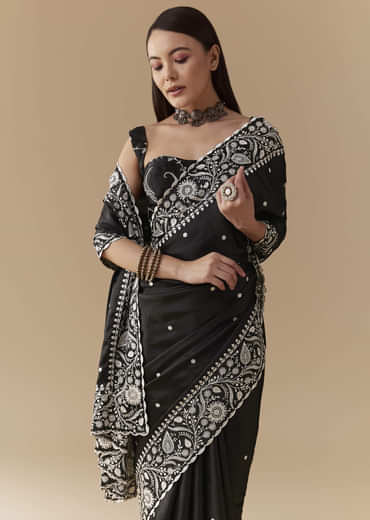 Black Cotton Satin Embellished Saree with Unstitched Blouse