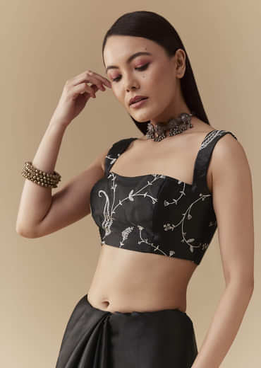 Black Cotton Satin Embellished Saree with Unstitched Blouse