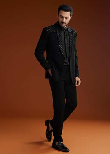 Black Cotton Satin Suit Set With Hand Embroidery