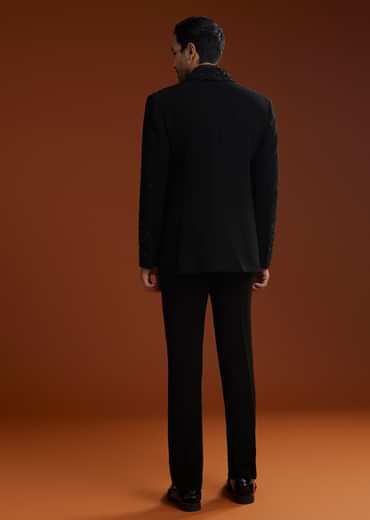 Black Cotton Satin Suit Set With Hand Embroidery