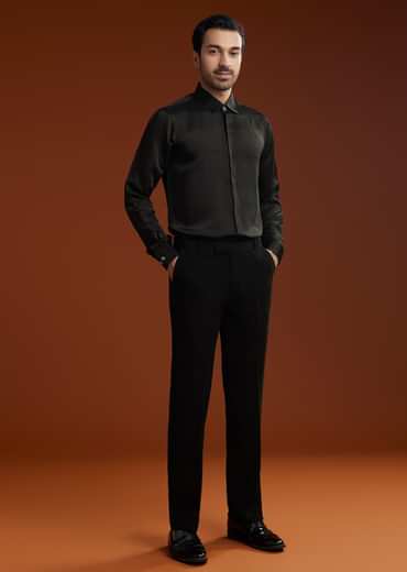 Black Cotton Satin Suit Set With Hand Embroidery