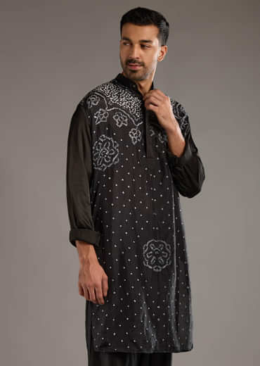 Black Cotton Silk Kurta Set For Men With Hand Dyed Bandhani Print