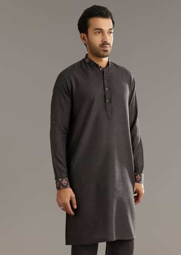 Black Cotton Silk Kurta Set With Symmetric Floral Threadwork