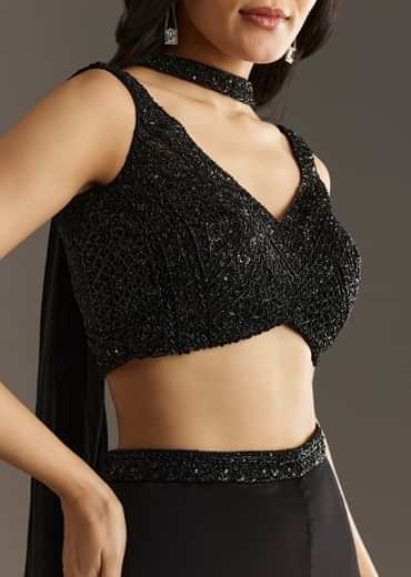 Black Crepe Embroidered Croptop With Embroidered Palazzo And Choker Dupatta