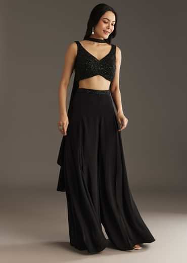 Black Crepe Embroidered Croptop With Embroidered Palazzo And Choker Dupatta