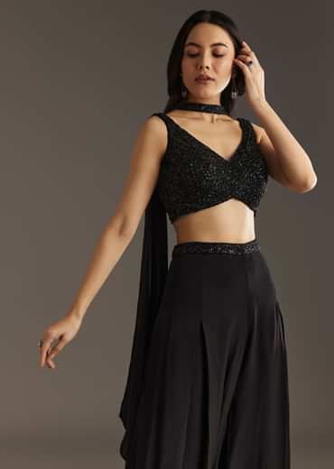Black Crepe Embroidered Croptop With Embroidered Palazzo And Choker Dupatta