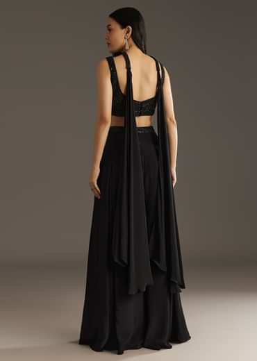 Black Crepe Embroidered Croptop With Embroidered Palazzo And Choker Dupatta