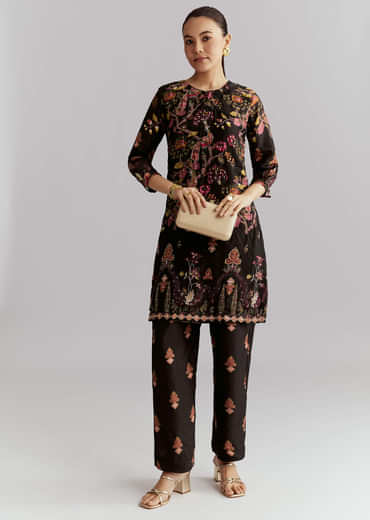 Black Crepe Printed Co Ord Set With Sequins And Beads Work