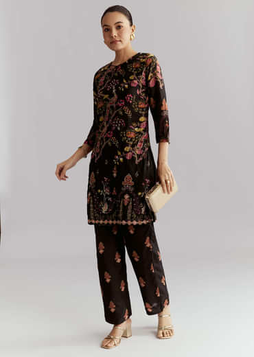 Black Crepe Printed Co Ord Set With Sequins And Beads Work