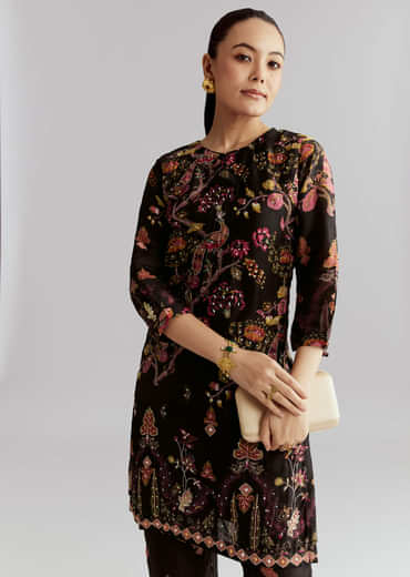 Black Crepe Printed Co Ord Set With Sequins And Beads Work