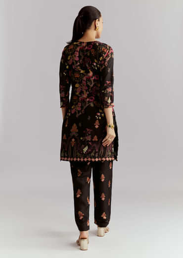 Black Crepe Printed Co Ord Set With Sequins And Beads Work