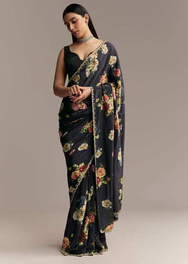 Black Crepe Saree With Floral Digital Print And Embroidered Border