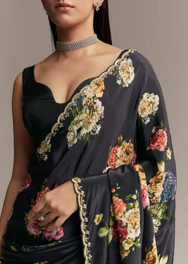 Black Crepe Saree With Floral Digital Print And Embroidered Border