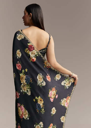 Black Crepe Saree With Floral Digital Print And Embroidered Border