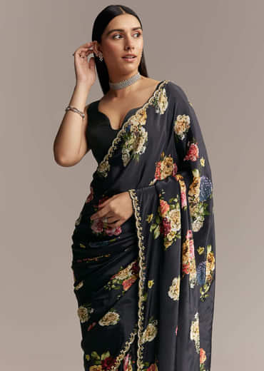 Black Crepe Saree With Floral Digital Print And Embroidered Border