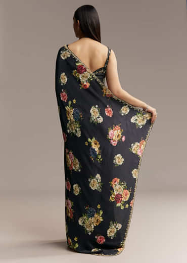 Black Crepe Saree With Floral Digital Print And Embroidered Border