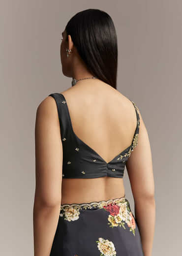 Black Crepe Saree With Floral Digital Print And Embroidered Border
