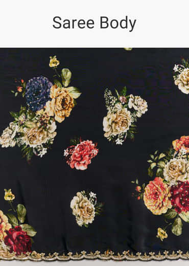 Black Crepe Saree With Floral Digital Print And Embroidered Border
