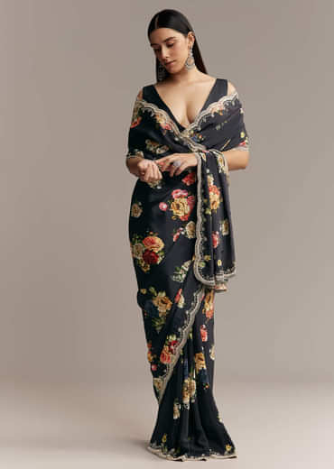Black Crepe Saree With Floral Digital Print And Sequin Border