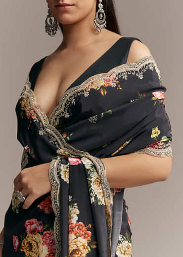 Black Crepe Saree With Floral Digital Print And Sequin Border