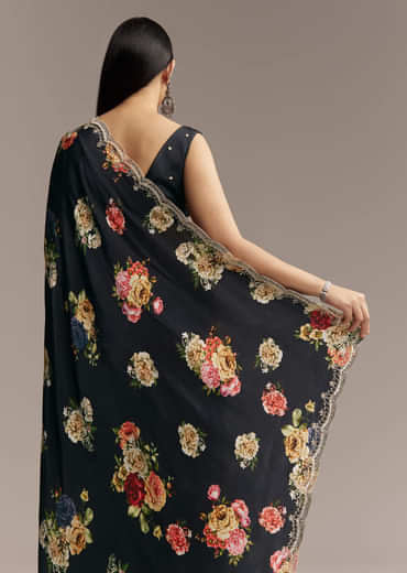 Black Crepe Saree With Floral Digital Print And Sequin Border
