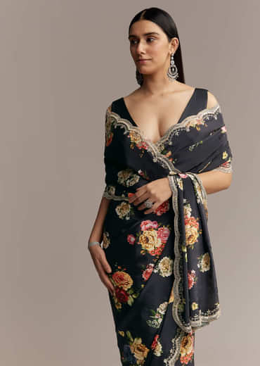 Black Crepe Saree With Floral Digital Print And Sequin Border