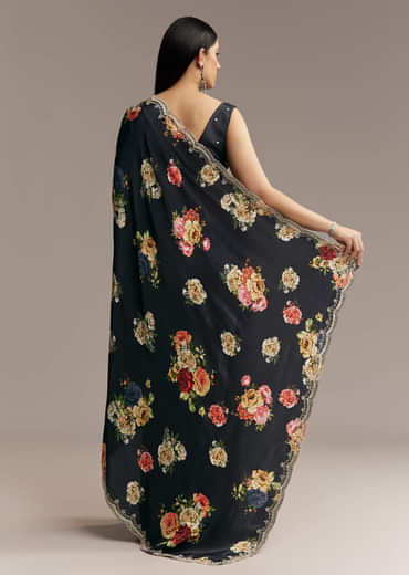 Black Crepe Saree With Floral Digital Print And Sequin Border