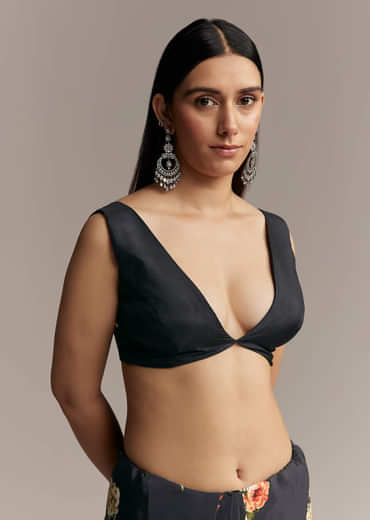 Black Crepe Saree With Floral Digital Print And Sequin Border