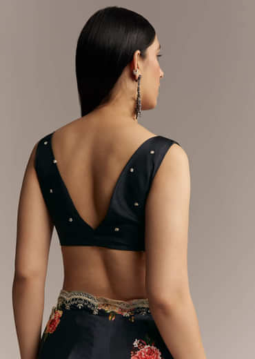 Black Crepe Saree With Floral Digital Print And Sequin Border