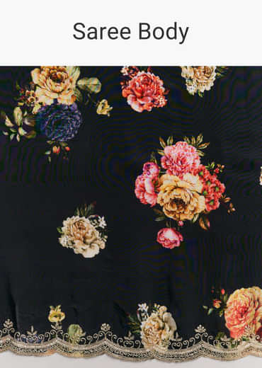 Black Crepe Saree With Floral Digital Print And Sequin Border