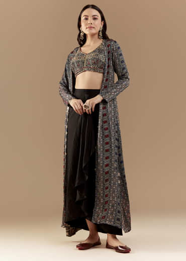 Black Crop Top and Skirt Set with Ajrakh