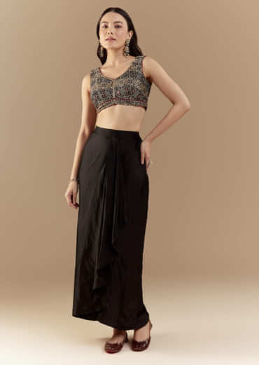 Black Crop Top and Skirt Set with Ajrakh