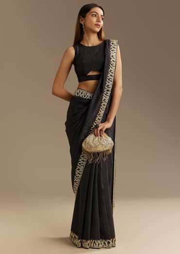 Black Crushed Tissue Saree With Scallop Border And Stone Embroidery