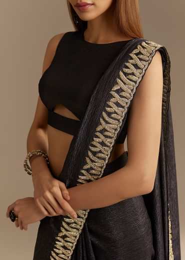 Black Crushed Tissue Saree With Scallop Border And Stone Embroidery