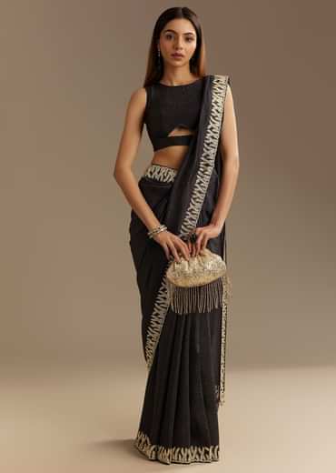 Black Crushed Tissue Saree With Scallop Border And Stone Embroidery