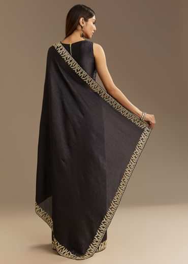 Black Crushed Tissue Saree With Scallop Border And Stone Embroidery