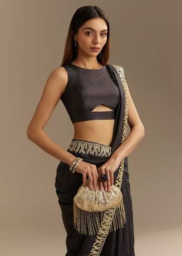 Black Crushed Tissue Saree With Scallop Border And Stone Embroidery