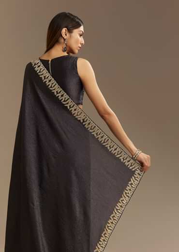 Black Crushed Tissue Saree With Scallop Border And Stone Embroidery
