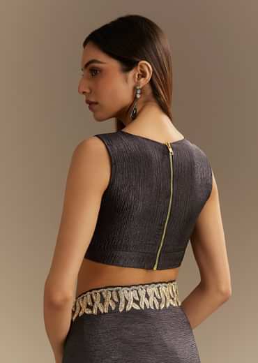 Black Crushed Tissue Saree With Scallop Border And Stone Embroidery