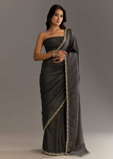 Black Crushed Tissue Saree With Scallop Embroidered Border