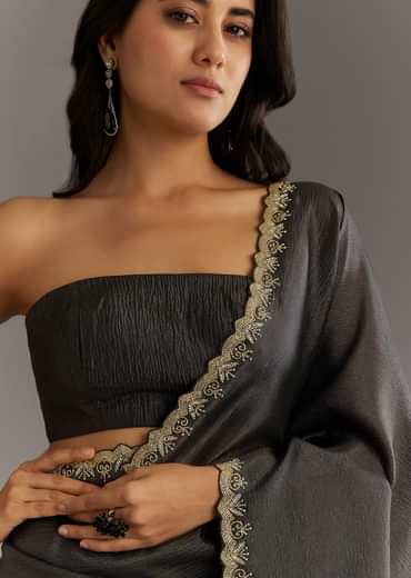 Black Crushed Tissue Saree With Scallop Embroidered Border