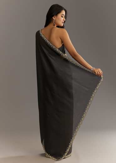 Black Crushed Tissue Saree With Scallop Embroidered Border