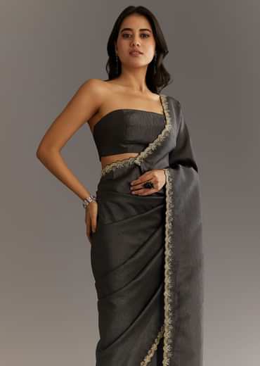 Black Crushed Tissue Saree With Scallop Embroidered Border