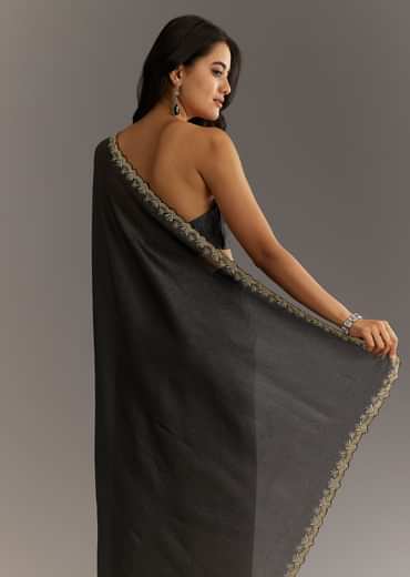 Black Crushed Tissue Saree With Scallop Embroidered Border