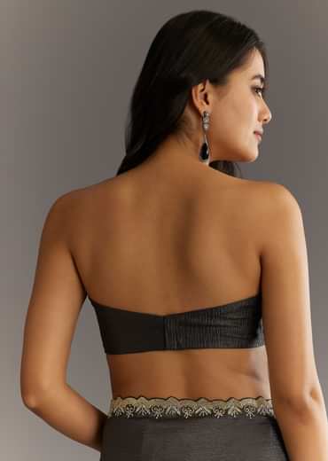 Black Crushed Tissue Saree With Scallop Embroidered Border